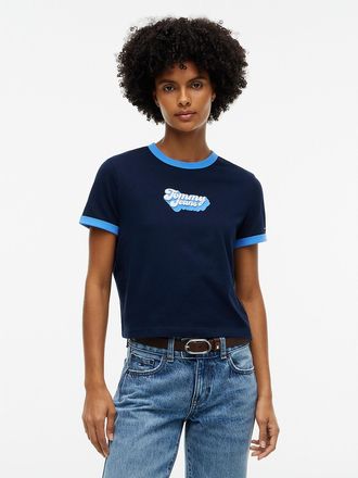 Tommy Hilfiger Womens Tommy Jeans Puff Print Ringer T-Shirt - Navy - L