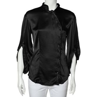 Roberto Cavalli Black Silk Satin Button Front Top