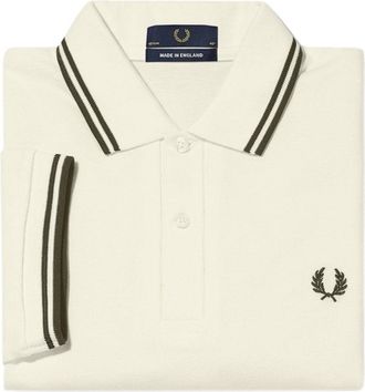 Fred Perry Mens Uniform Green Twin Tipped Collar Cream Polo Shirt Cotton - Size Medium