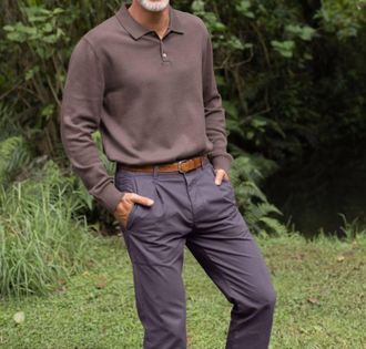 Alex Crane Feather Long Sleeve Polo In Coffee