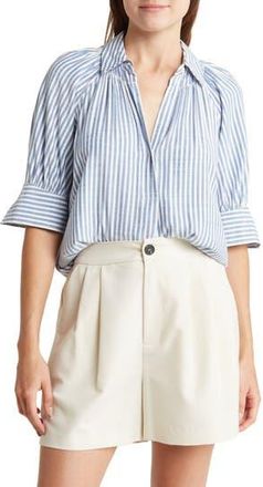 Max Studio Stripe Short Sleeve Blouse in Denim Black Framed Stripe at Nordstrom Rack, Size X-Small
