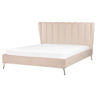Beliani Cama Con Somier De Terciopelo Beige Dorado 160 X 200 Cm Metal Usb Cabecero Miribel