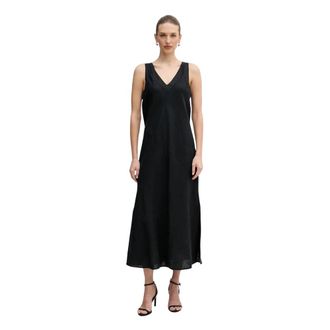 DKNY Jurk met V-hals van linnen - Dames - Casual kleedjes - Zwart - XS - Linnen - Kleedjes