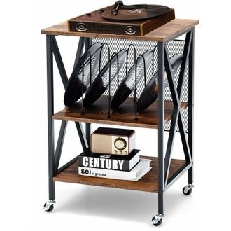 Costway Mesa Auxiliar De 3 Niveles, Mesillas De Noche Soporte De Vinilo R&uacute;stico Con 3 Divisores, Estante De Exhibici&oacute;n De Acero & Ruedas Bloqueables Para Sala
