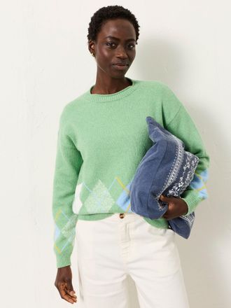 Fat Face FatFace Rue Green Knitted Argyle Jumper