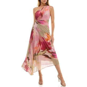 Socialite Floral Metallic Stripe One-Shoulder Pleated Dress in Sage/Pink at Nordstrom Rack, Size Large