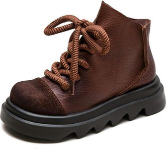 Generic QXDZSW 4.5cm Cow Suede Round Toe Pumps Flats Elthnic Retro Ankle Booties Comfy Shoes Rubber Women Platform Wedge Dark Brown