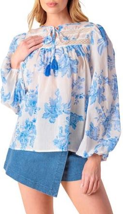 Flying Tomato Lace Trim Split Neck Top in Ivory Blue at Nordstrom Rack, Size Medium