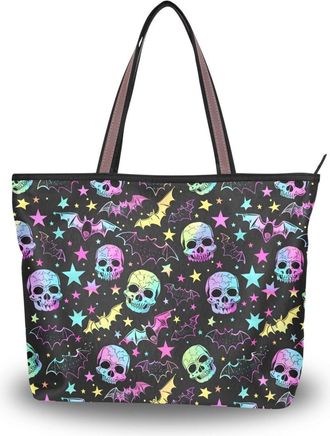 Alaza Large Tote Bag for Women, Travel Tote Bag Shoulder Bag Big Capacity Casual Handbags, Gothic Bat Skull Stars Work Shopping School Tote Bag with Pockets