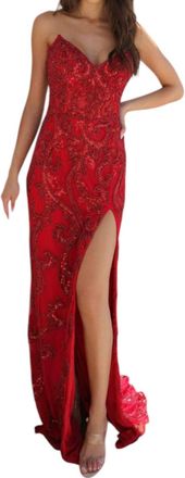 Primavera Fitted Beaded Sequin Prom Dress In Red