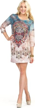 Papillon Lace Print 3/4 Sleeve Sweater Dress In Blue