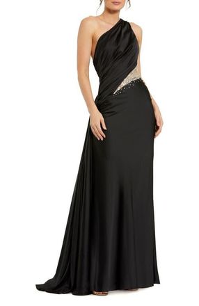 Mac Duggal One Shoulder Charmeuse Gown With Beaded Cutout in Black at Nordstrom, Size 12