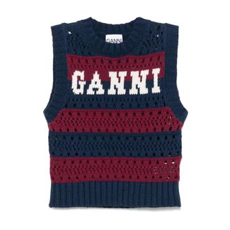 Ganni Truien & Vesten, Dames, Blauw, XS, Katoen, Blauw Gestreept Gebreid Vest met Logo