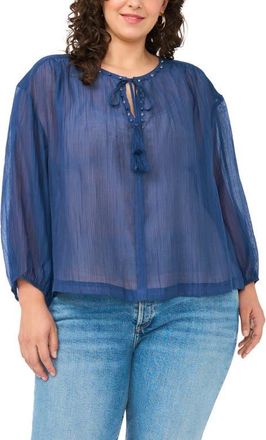 Vince Camuto Split Neck Sheer Peasant Top in 407 Classic Navy at Nordstrom, Size 2X