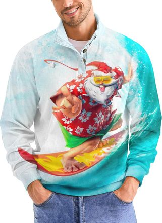 Generic Christmas Sweatshirts for Men Fashion Xmas Graphic Print Long Sleeve Sweatshirt Stand Collar Button Slim Pullover Tops