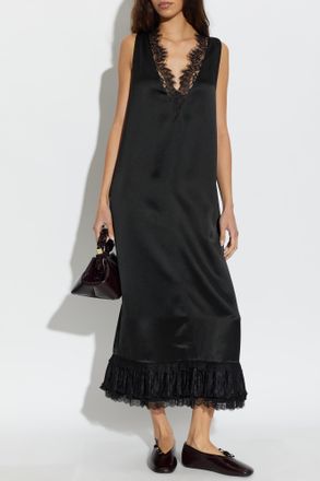 Ganni Satin Dress With Lace Inserts, Womens, Black