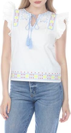 Rain + Rose Embroidered Ruffle Sleeve Top in White at Nordstrom Rack, Size X-Large