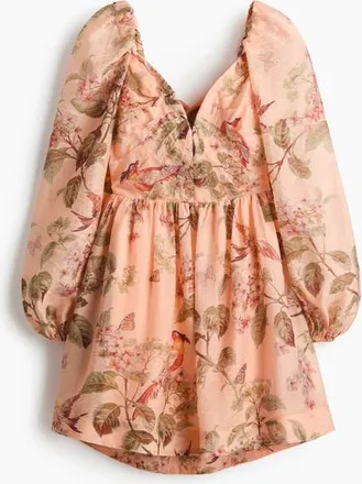H&M Tie-detail Puff-sleeved Dress in Peach Pink/floral at Nordstrom, Size Xx-Large