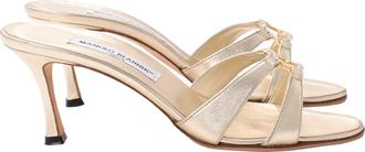Manolo Blahnik Crystal Embellished Slide Sandals in Gold Leather