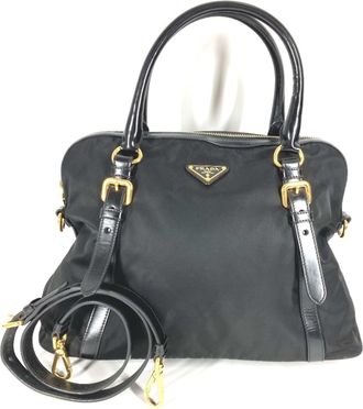 Prada Black Leather Nylon Handbag Shoulder Bag Tote Bag (Pre-Owned)
