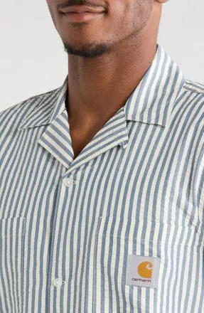 Carhartt Work in Progress Leavel Stripe Seersucker Cotton Blend Button-Up Bowling Shirt in Leavel Stripe/blue River/wa at Nordstrom, Size Xx-Large