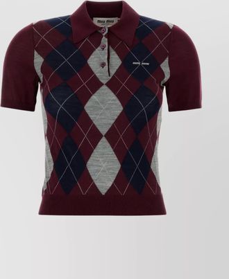 Miu Miu wool polo shirt with argyle pattern and ribbed hem