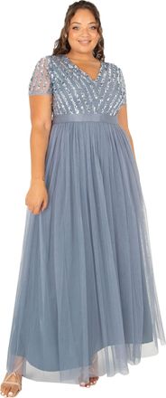 Maya Womens Maxi for Women Ladies Braidesmaid V-Neck Plus Size Ball Gown Short Sleeves Long El Bridesmaid Dress, Dusty Blue, 14 UK