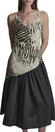DKNY Dkny V-Neck Printed Panel Linen Dress