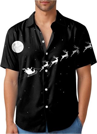 Generic Ugly Christmas Shirts for Men Relaxed-Fit Short Sleeve Button Down Vacation Bowling Shirts Funny Santa Claus Print Holiday T-Shirts Tops Christmas Swe