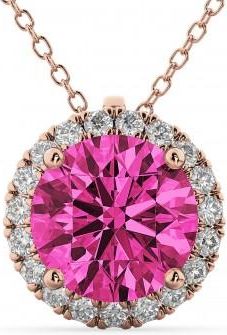Allurez Halo Round Pink Tourmaline & Diamond Pendant Necklace 14k Rose Gold (2.29ct)
