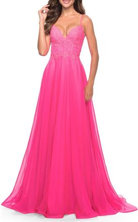 La Femme A-line Gown with Sheer Floral Embellished Bodice in Neon Pink at Nordstrom, Size 00