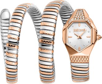 Just Cavalli Womenss Snake Watch, Rose Gold Color Case, Silver Dial, Two Tone Silver & Rose gold Stainless Steel Bracelet