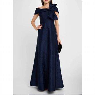 Rene Ruiz Off-Shoulder Floral Embossed Bow Gown Dress In Navy