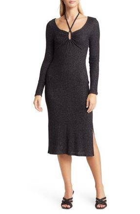 Loveappella Tie Keyhole Long Sleeve Midi Dress in Black at Nordstrom, Size X-Large