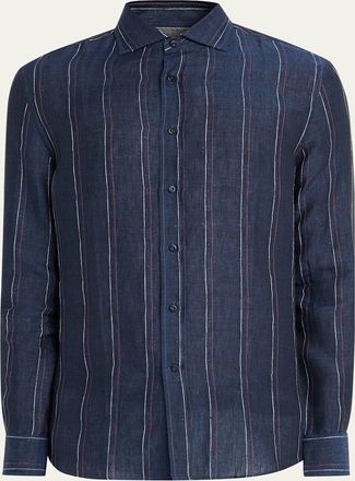 Brunello Cucinelli Mens Hairline Stripe Linen Button-Down Shirt