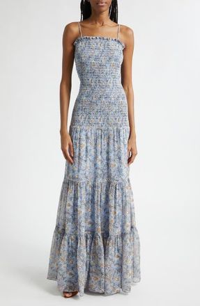 Veronica Beard Clem Floral Cotton & Silk Tiered Maxi Dress in Blue Jay Multi at Nordstrom, Size 12