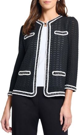 Misook Heritage Chain Trim Pointelle Knit Jacket in Black/white at Nordstrom, Size Medium