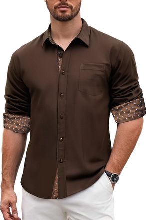 Barry.Wang Mens Dress Shirts Long Sleeve Button Down Business Formal Shirt Collar Cuff Contrast Casual Light Brown Plaid Shir