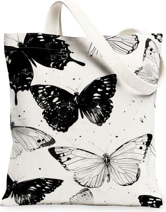 Generic Butterfly Canvas Tote Bags, Stylish Insect Pattern Reusable Bags, Spring Lightweight Washable Shoulder Strap for Travel Bea, Black White, 13x15 Inch