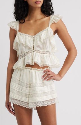 LoveShackFancy Linata Lace Trim Silk Top in Ivory at Nordstrom, Size 10