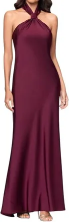 Betsy & Adam Esmerelda Satin Halter Neck Gown In Wine