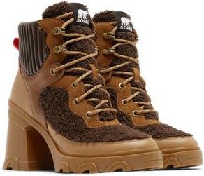 Sorel Brex Leather & Faux Shearling Block Heel Lace-Up Bootie in Tawny Buff Blackened Brown at Nordstrom Rack, Size 10