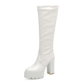 Generic Womens Lug Sole Block Heel Platform Round Toe Knee High Boots Slip On Versatile Winter Dress Shoes (5.5,White)