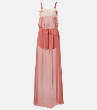 Saint Laurent Lace-trimmed silk cr&ecirc;pe muslin maxi dress