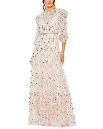 Mac Duggal Floral Beaded Mesh Puff Sleeve A Line Gown