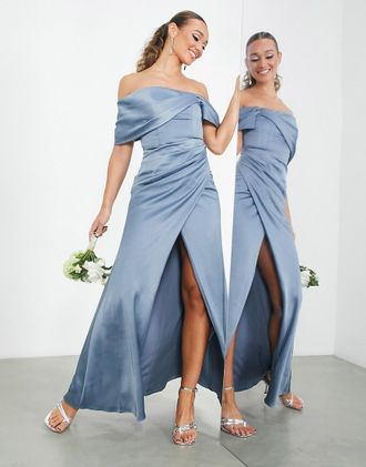 Asos Drapiertes Wickel-Maxikleid aus Satin mit Carmen-Ausschnitt in D&auml;mmerung-Blau