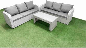 Fimous Outdoor Garden Furniture Sets 6 Seater Wicker Rattan Furniture Sofa Sets with Oblong Coffee Table high Back Lounge Sofa Side Table Light Grey - Fimous