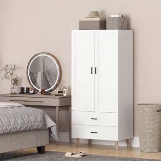 HOMCOM 2 Door Wardrobe Modern Wardrobe 2 Drawer Hanging Rail for Bedroom in White