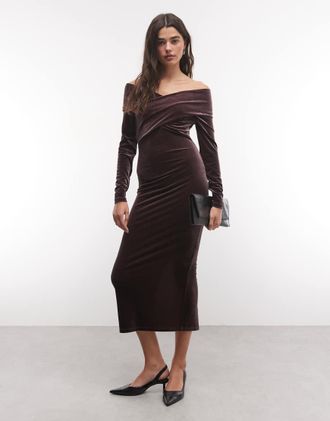 AllSaints Delta abito midi in velluto a maniche lunghe bordeaux-Rosso