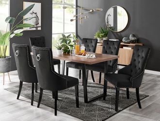 Furniturebox Kylo Large Brown Wood Effect Dining Table & 6 Belgravia Black Leg Velvet Chairs